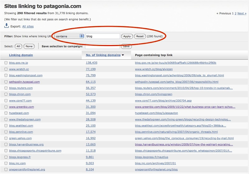 Urls containing word blog