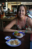 Hoi An delicacies: In front, White Rose, in the middle Cao Lau, at the back is a hungry Lynette.