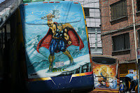 The back of our far from luxury 20hr bus from La Paz to Rurrenabaque, proudly depicting Thor the Thundergod. On the right is another bus, with an ass kicking fellow from Dragonball Z.