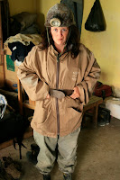 Lynette looking exceptionally pleased with the made to measure mining gear she'd just ordered.