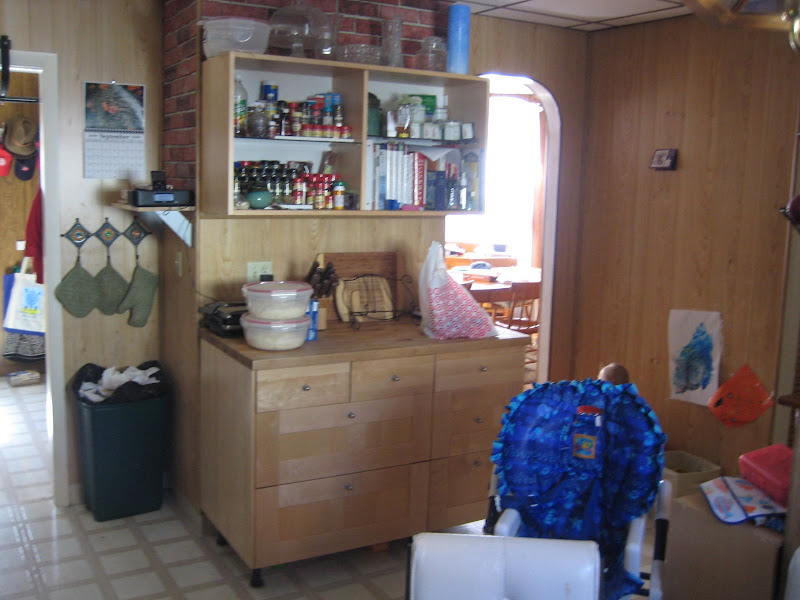 From near the coffee maker - note bread rising and top of curly moppet head