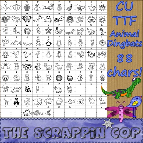 http://thescrappincop.blogspot.com/2009/05/animal-dingbat-ttf-font-over-80-glyphs.html