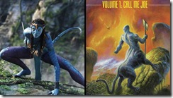 Comparación gráfica «Avatar»-«Llámame Joe», donde se muestra la similitud entre los seres azulados y de aspecto felino de Anderson y los Navi de Cameron.