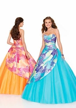 Long prom dress, pink and blue