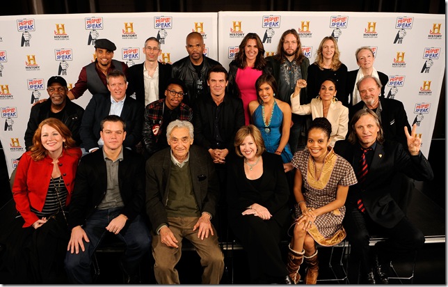 (1st row L-R) Allison Moorer, Matt Damon, Harry Zinn, Abbe Raven, StaceyAnn Chin, Viggo Mortensen, (2nd row L-R) Danny Glover, Chris Moore, Lupe Fiasco, Josh Brolin, Q'orianka Kilcher, Jasmine Guy, Harris Yulin, (3rd row L-R) Michael Ealy, Anthony Arnove, Darryl McDaniels, Nancy Dubuc, Rich Robinson, Christina Kirk and Kathleen Chalfant pose for a portrait backstage at History's NYC Premiere Of "The People Speak" backstage at Jazz at Lincoln Center on November 19, 2009 in New York City. (Photo by Larry Busacca/Getty Images for A&E) 