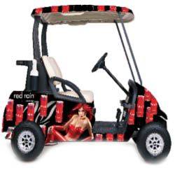 golfing cart in red and black coler with girl on the side