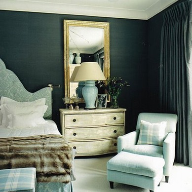 dreamy dramatic blue green bedroom