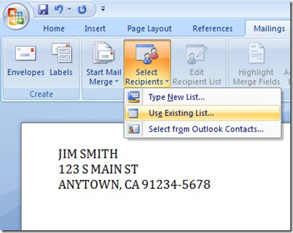 start mail merge dropdown