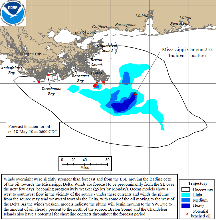 Projected oil spill path to 18 May 2010. Deepwater Horizon 72Hr Trajectory Map: The 72-hour trajectory forecast is prepared by NOAA / NOS / OR&R.