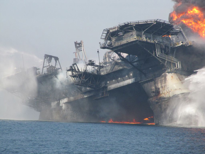 The Deepwater Horizon oil rig burns before sinking into the Gulf of Mexico, sparking a massive cleanup effort. Eleven workers are missing and presumed dead. Department of Energy