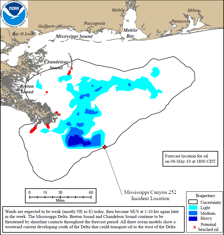 Projected Oil Spill Path to 6 May 2010. Deepwater Horizon 72Hr Trajectory Map: The 72 hour trajectory forecast prepared on May 3 at 11:00pm. NOAA / NOS / OR&R