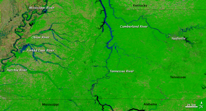 Record-breaking rain triggered severe and widespread flooding across Tennessee starting on May 1, 2010. This false-color image provides a cloud-free view of the region&rsquo;s swollen rivers as seen by the Moderate Resolution Imaging Spectroradiometer (MODIS)  on NASA&rsquo;s Terra satellite on May 4, 2010. Terra MODIS acquired the lower image on April 29, 2010, just two days before the storm. NASA image courtesy the MODIS Rapid Response Team at NASA GSFC. 