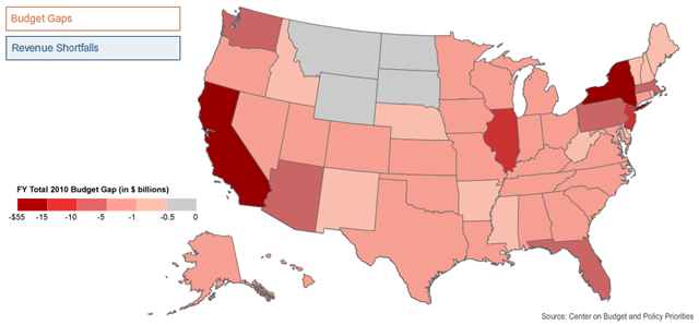 States in the Red: Most states have addressed or still face gaps in their budgets totaling $196 billion for fiscal year 2010, while tax revenue declined in the final quarter of 2009 in 39 of the states for which data is available. Wall Street Journal