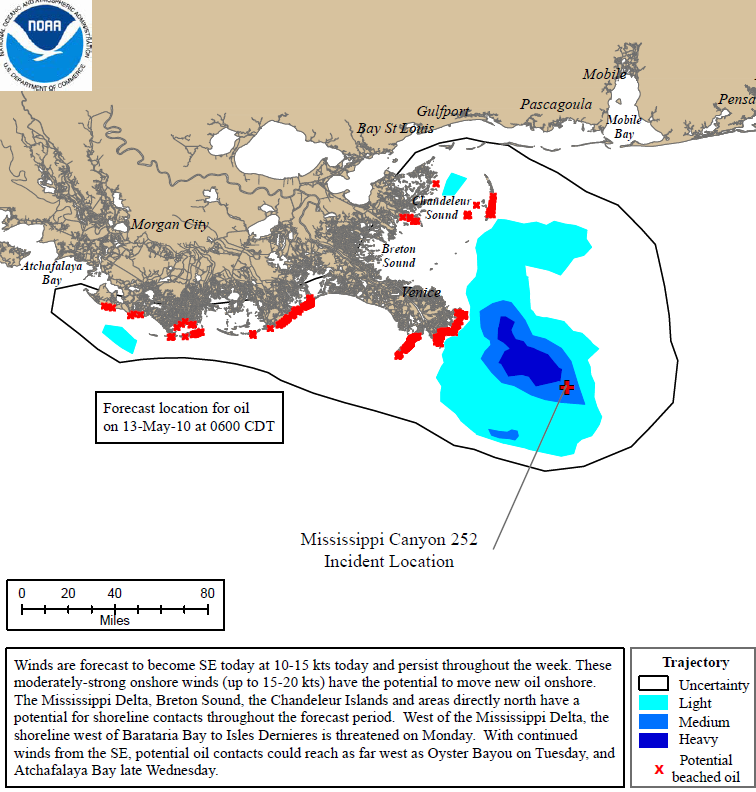 Projected oil spill path to 13 May 2010. Deepwater Horizon 72Hr Trajectory Map: The 72 hour trajectory forecast is prepared by NOAA / NOS / OR&R.