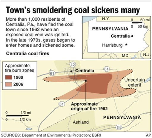 Underground coal fire extent beneath Centralia PA, 1989-2006. Department of Environmental Protection / ESRI / AP