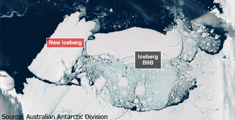 20 February 2010: the Mertz Glacier tongue breaks off creating another massive iceberg. Australian Antarctic Division