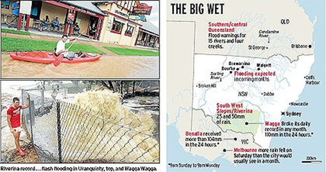 Flash flooding...(left) map of flood trajectory.  Sydney Morning Herald