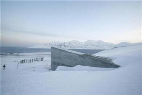 Television crews stand outside the Global Seed Vault before the opening ceremony in Longyearbyen February 26, 2008. Credit: Reuters / Bob Strong
