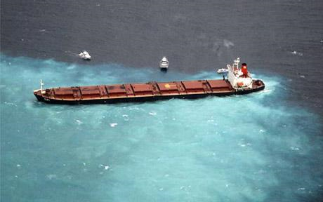 The Shen Neng 1 aground near Great Keppel Island.  Photo: Australian Maritime Safety Authority 