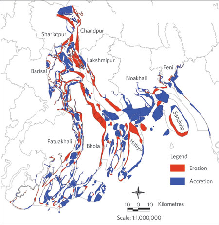 Erosion and accretion along the Bangladeshi coastline from 1973 to 2005. Courtesy of Maminul Haque Sarker and CEGIS. Nature Reports Climate Change  (2009) Published online: 15 January 2009 Corrected online: 22 January 2009
