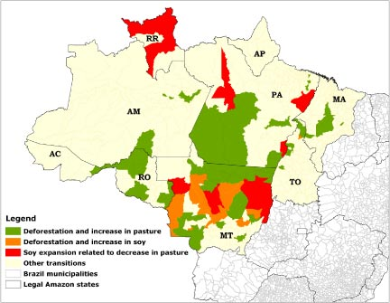 Land-use transitions between 2000 and 2006 in the Legal Amazon. In the municipalities where deforestation occurred over this period (green and orange), we separated those in which pasture increased from those where soy increased. (In municipalities where both soy and pasture increased, we labeled it using the dominant change.) Also, we identified municipalities where soy expanded while pasture decreased (and the decrease in pasture exceeds deforestation). Captions / images copyright Barona et. al. (2010)
