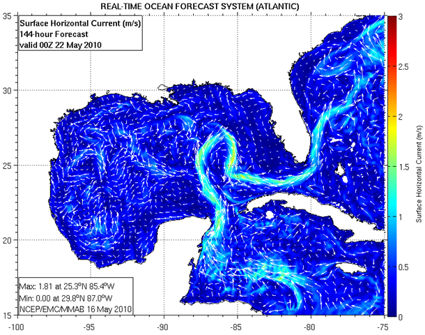 This is a map of the magnitude of the horizontal velocity of the seawater at the indicated depth. Units are meters per second. NOAA / EMC / MMAB