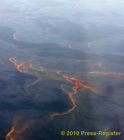 Oil emanating from the site of the Deepwater Horizon oil leak is seen in this aerial photo taken Wednesday, May 19, 2010. Two Mobile-area scientists said that BP and the Coast Guard ignored their warnings that the chemical dispersants used to break up the oil spill would have long-term consequences for the Gulf environment. (Press-Register / G.M. Andrews)