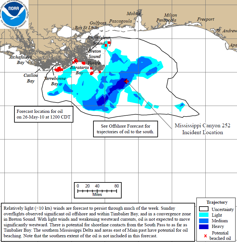 Projected oil spill path to 26 May 2010. Deepwater Horizon 72Hr Trajectory Map: The 72-hour trajectory forecast is prepared by NOAA / NOS / OR&R.