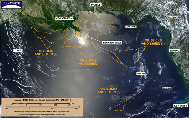 The MODIS / Terra satellite image of the Gulf taken 24 May 2010 is a relatively cloud-free look at the ongoing oil spill in the Gulf of Mexico. Areas covered by oil slick and sheen are marked with a solid orange line. Areas where we suspect there may be slicks and sheen are shown by dashed orange lines. All together, slicks and sheen are possibly covering as much as 28,958 sq mi, an area as big as the state of South Carolina. MODIS / Terra image, May 24, 2010, with SkyTruth analysis