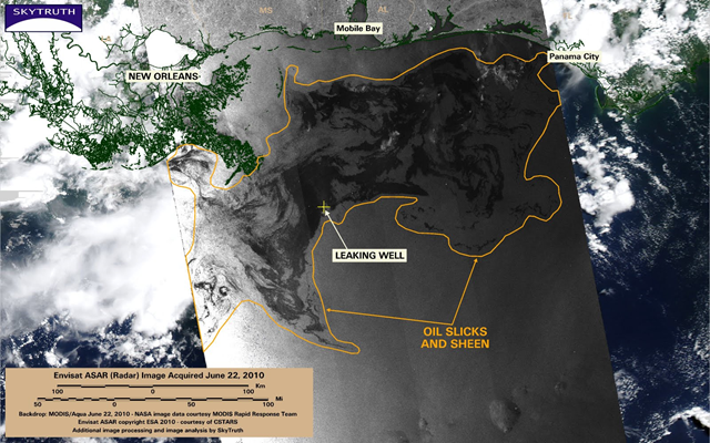 Envisat / ASAR radar satellite image (black-and-white inset) taken June 22, 2010. Color backdrop is June 22 MODIS / Aqua image. ASAR data courtesy of CSTARS. Analysis by SkyTruth