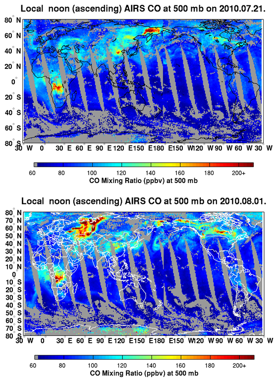 Side-by-side comparison of carbon monoxide pollution from the series of devastating wildfires burning across central and western Russia, as seen by the Atmospheric Infrared Sounder (AIRS) instrument on NASA's Aqua spacecraft on July 21, 2010 (top) and Aug. 1, 2010 (bottom). The AIRS data show the abundance of carbon monoxide present in the atmosphere at an altitude of 5.5 kilometers (18,000 feet). NASA / JPL / Leonid Yurganov, University of Maryland, Baltimore County