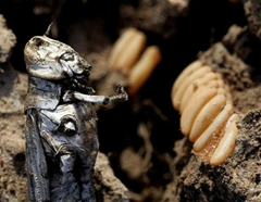 Andrew Gartner's oat crop has been destroyed by locusts, above, with eggs. Photo: Nick Moir