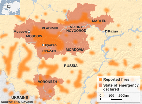 Seven regions in Russia are under a state of emergency due to wildfires, 6 August 2010. BBC / RIA Novosti