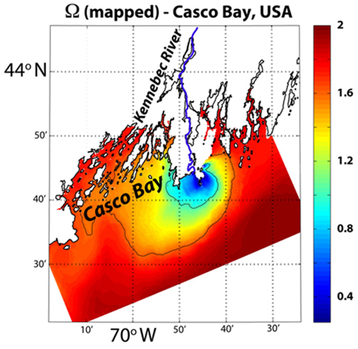 Estimated &Omega; in the surface waters of Casco Bay as [CO32- * Ca2+ ]/ Ksp. Salisbury, J., M. Green, C. Hunt, and J. Campbell (2008) 