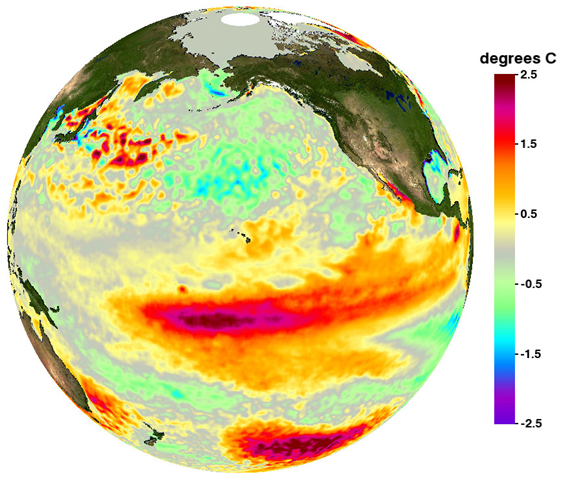 Sea surface temperature anomaly during the peak of the 2009-10 El Ni&ntilde;o, the strongest Central Pacific El Ni&ntilde;o observed to date. Image produced by Physical Oceanography Distributed Active Archive Centre (PO.DAAC) of NASA JPL. 