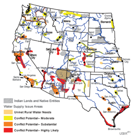 Potential Water Supply Conflicts by 2025. USBR 2005 via globalchange.gov