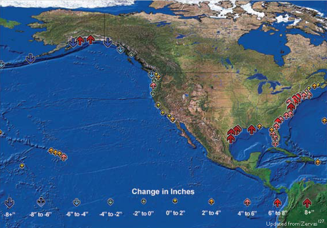 Relative Sea-Level Changes on US Coastlines, 1958-2008. Updated from Zervas 2001 via globalchange.gov
