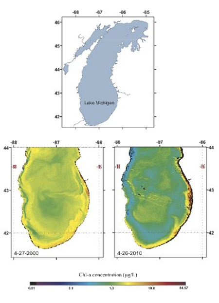 Lake Michigan chlorophyll in 2000 and 2010, viewed from the SeaWiFS satellite. Concentrations of chlorophyll have dropped substantially in Lake Michigan's 'doughnut' over the last 10 years. Foad Yousef