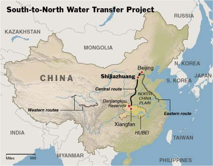 China's South-North Water Transfer Project, knitting together China's main rivers - the Yangtze, Yellow River, Huaihe, and Haihe. Image by The New York Times.