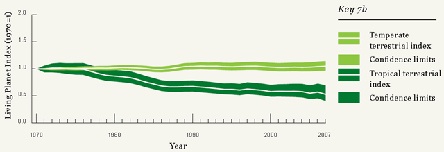 The Terrestrial Living Planet Index, 1970-2007. The temperate terrestrial index shows an increase of about 5 percent, while the tropical terrestrial index shows a decline of almost 50 percent. WWF / ZSL, 2010