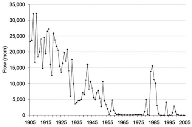 Annual flows (in million cubic meters) of the Colorado River into the delta from 1905 to 2005 at the Southern International Border station. Note that, in most years after 1960, flows to the delta fell to zero as total withdrawals equaled total (or peak) renewable supply. Gleick and Palaniappan, 2010