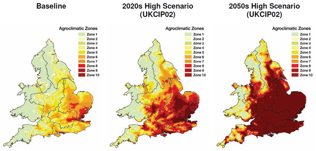 Predicted changes in summer agroclimate from the baseline to the 2020s and 2050s using the UKCIP02 High-emissions scenario (taken from Knox et al. (n.d.)). rase.org.uk