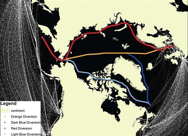 If the Arctic Ocean continues to warm, new shipping lanes could emerge at the top of the world, as shown in these scenarios. An increase in shipping under current pollution controls in the Arctic could further accelerate warming. Image courtesy of Prof. James Corbett, University of Delaware; published in Atmospheric Chemistry and Physics, Vol. 10, 2010.