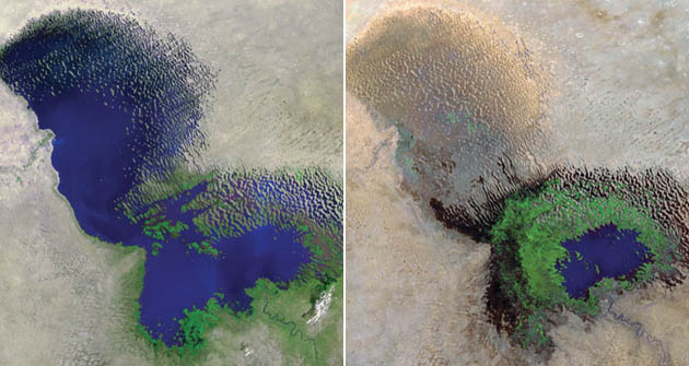 Lake Chad, in 1972 (left) and 15 years later in 1987 (right). 