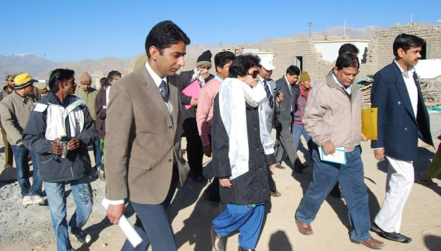 Union Minister for Urban Development and Tourism Kumari Selja reviewing the reconstruction works in Leh, which witnessed a devastating cloudburst in August this year. Photo: Nissar Ahmad / The Hindu