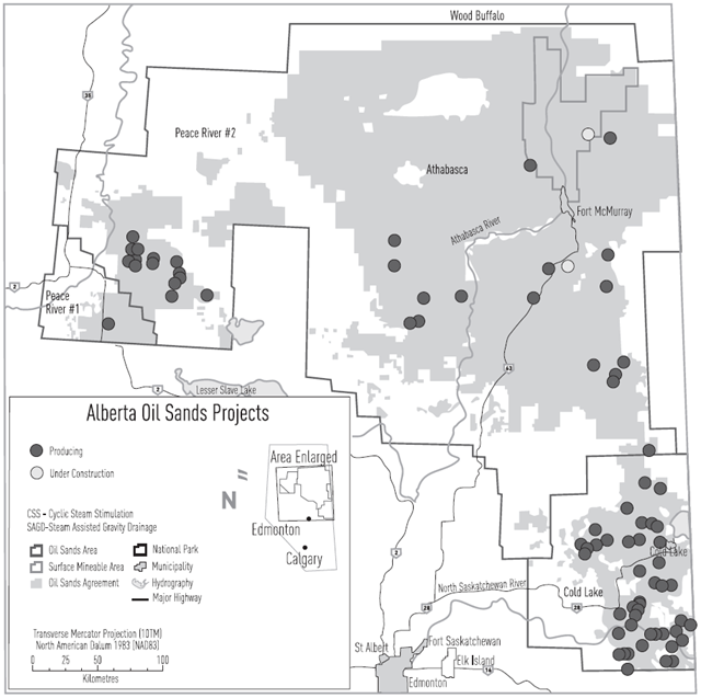 Locations of current in situ oil sands projects in Alberta, Canada. rsc.ca / AB Energy 2010