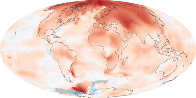 Global Surface Temperature Anomalies, 2000-2010. The map shows temperature anomalies, or changes, for 2000-2009, relative to the period 1951-1980. The maps do not depict absolute temperature, but how much warmer or colder a region is compared to the norm for that same region from 1951-1980. That period was chosen largely because the U.S. National Weather Service uses a three-decade period to define 'normal' or average temperature. NASA images by Robert Simmon, based on data from GISS