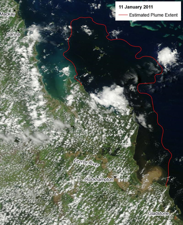Satellite image of floodwaters from the Fitzroy River, central Queensland, Australia, shows a substantial plume in the GReat Barrier Reef on 11 January 2011. Pia Harkness and Michelle Devlin, James Cook University / nature.com