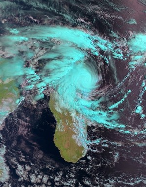 A picture released by Eumetsat on February 14, 2011 shows an image of the tropical Cyclone Bingiza over northeast Madagascar, as captured by the AVHRR instrument onboard EUMETSAT's polar-orbiting satellite Metop-A. AFP PHOTO / EUMETSAT 2011