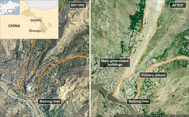 Aerial images show Zhouqu county in north-west China before and after a devastating landslide in August 2010. The image on the left is from July 2008. The photo on the right was taken on Sunday, 8 August 2010, following the disaster. The areas within the yellow lines show the path of the mud slick. China State Bureau of Surveying and Mapping / bbc.co.uk